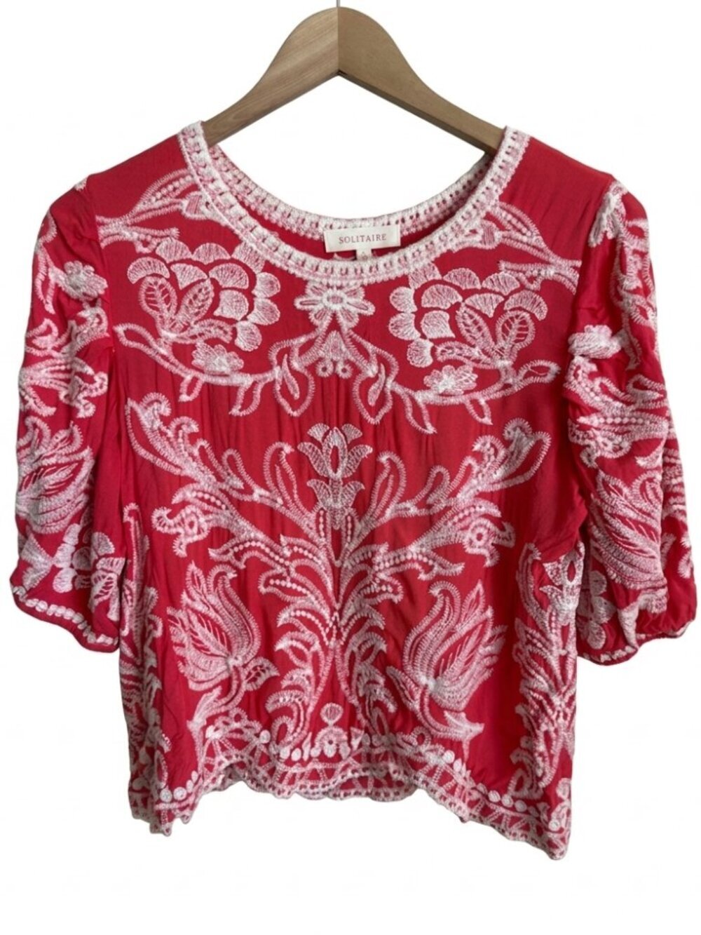 Boho Embroidered Floral Puff Sleeve Crop Top L Red White Scalloped Solitaire